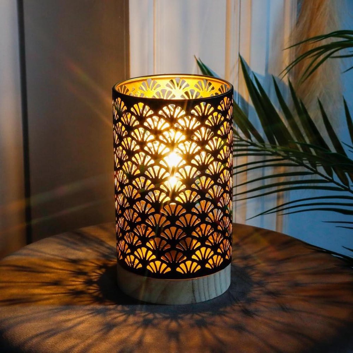 225-cm-hoge Tafellamp op Batterijen met LED-lamp Waaiervormig Patroon - Decoratieve Draadloze Batterijlamp voor Bruiloft Tuin Binnen Balkon Slaapkamer met Houten Voet