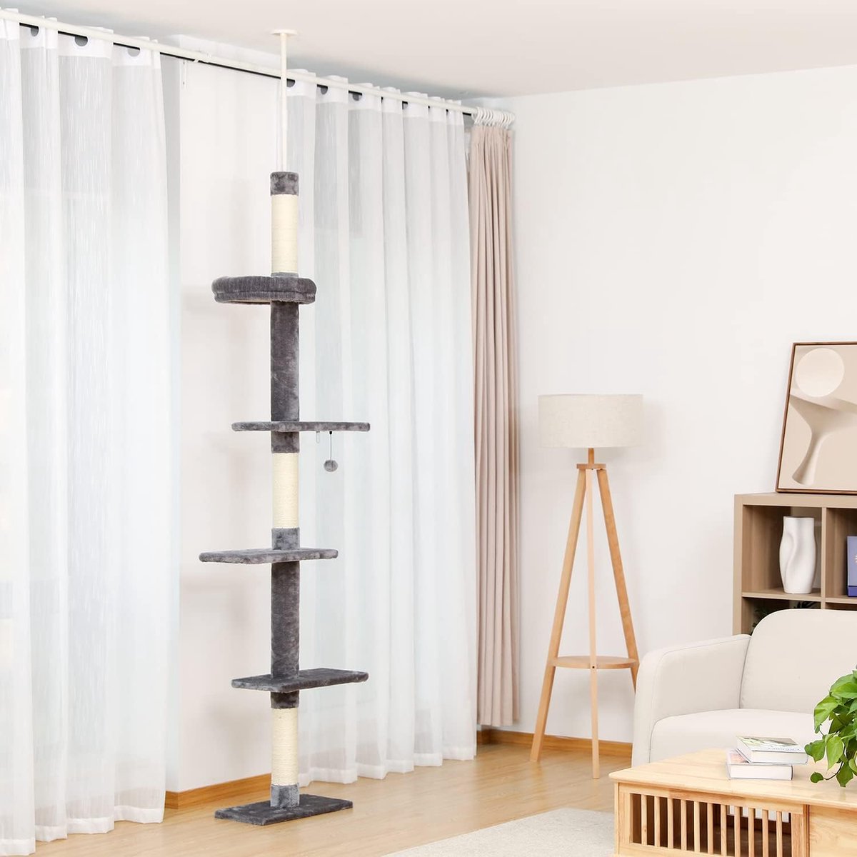 Kattenboom 5-laags vloer tot plafond Kattentoren in hoogte verstelbaar, hoog klimactiviteitencentrum voor kittens met krabpaal, gezellig bed, bungelende bal voor indoor katten / kittens - grijs [Energieklasse A]