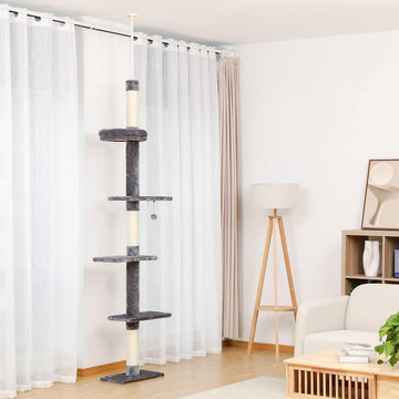 Kattenboom 5-laags vloer tot plafond Kattentoren in hoogte verstelbaar, hoog klimactiviteitencentrum voor kittens met krabpaal, gezellig bed, bungelende bal voor indoor katten / kittens - grijs [Energieklasse A]