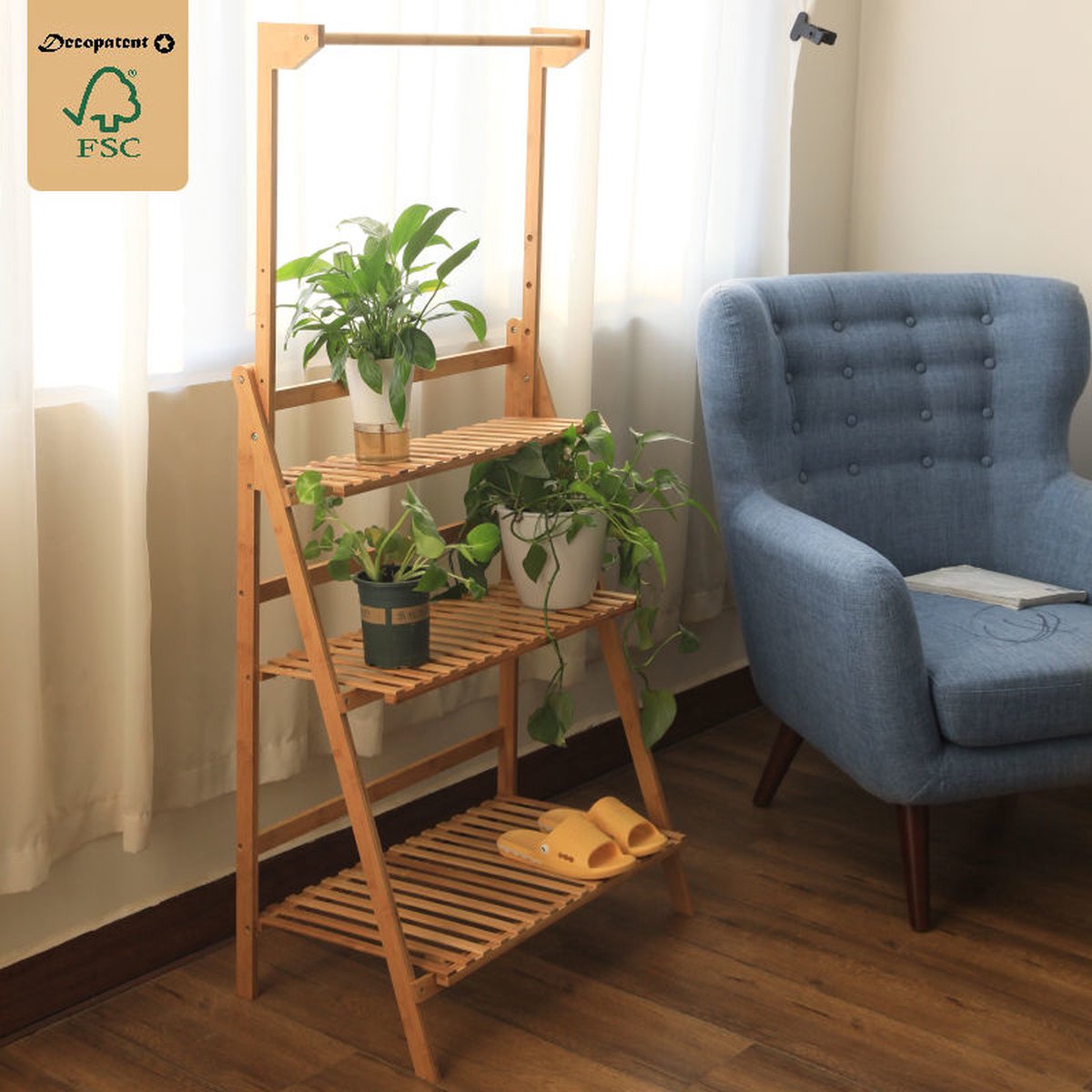 Decopatent® Plantenrek met 3 etages + Stang voor Hangplanten - Bamboe hout staand binnen Plantentrap - Bloemenrek - Plantenetagere