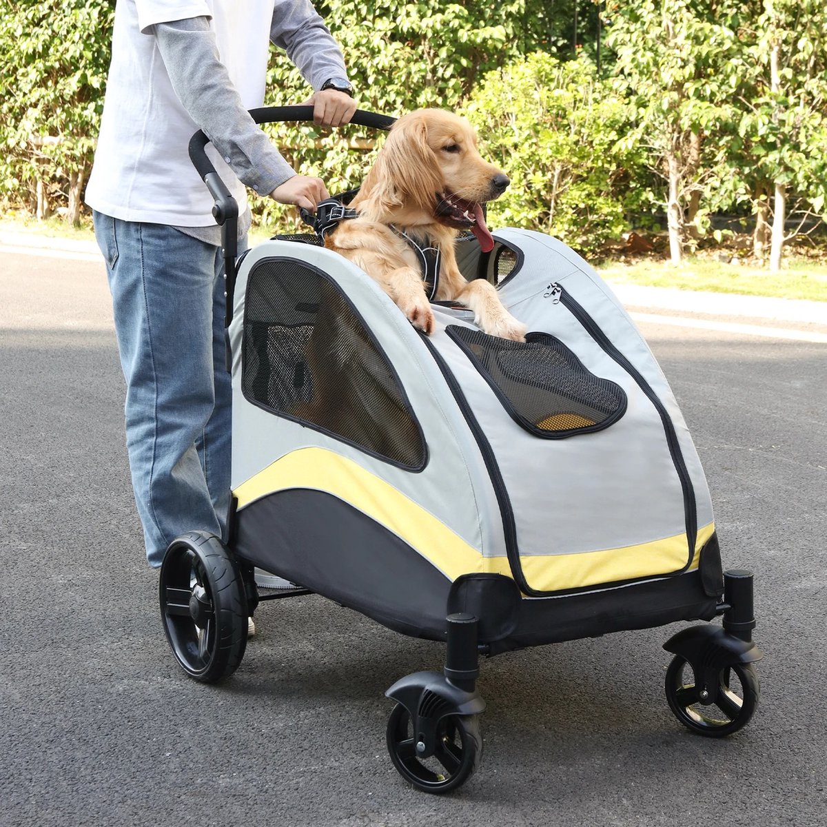RM Store® - Grote Hond Wandelwagen - 4 Wielen Huisdier Trolley - Verstelbare Hendel - Opvouwbaar - Max. 55KG - Grijs + Geel