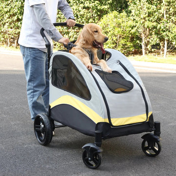 RM Store® - Grote Hond Wandelwagen - 4 Wielen Huisdier Trolley - Verstelbare Hendel - Opvouwbaar - Max. 55KG - Grijs + Geel