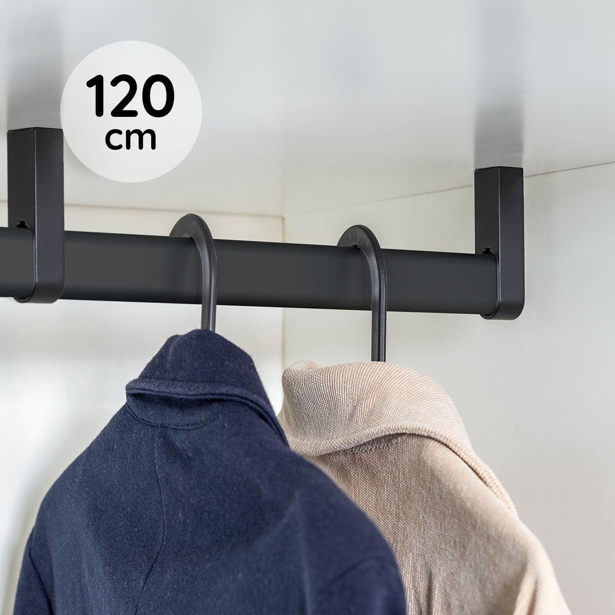Eleganca kledingstang – Extra zware kleding roede – 120 cm – Montage onder plank – Inclusief 2 extra stevige aluminium eindhouders & 1 midden houder – Geschikt voor zware kleding, buigt niet door – Metaal - Mat Zwart