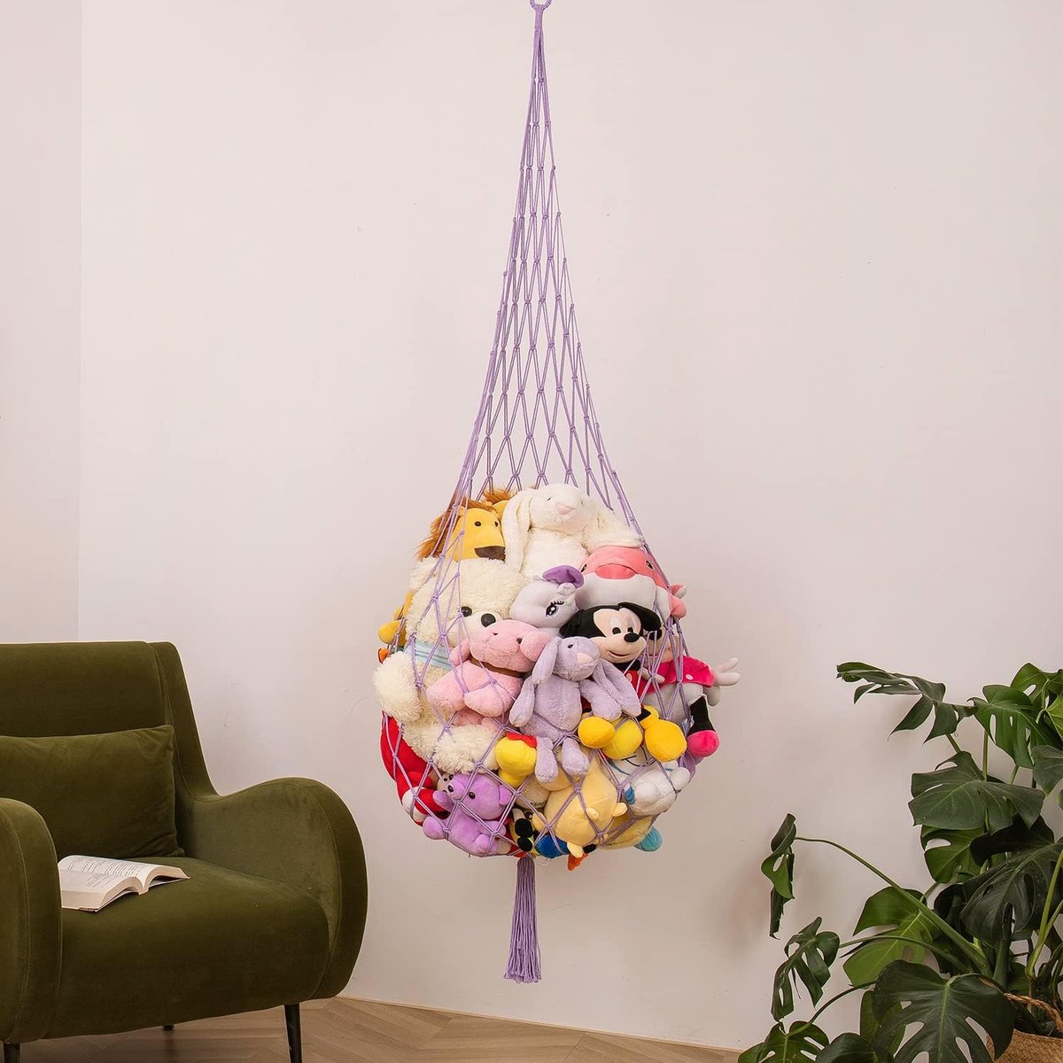 Macramé pluchen net of hangmat, slechts één haak. Handig voor hoeken, muren en plafonds, voor het ophangen van knuffels