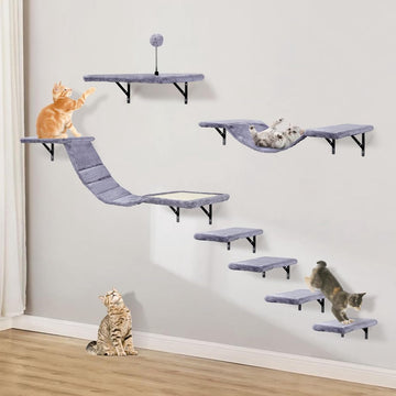 Kattenklimmuurset met krabpaalhangmat, kattengrotmuur, kattenbrug, krabplank en krabpaal - 7-delig houten kattenmeubilair voor katten, catwalk (grijs)