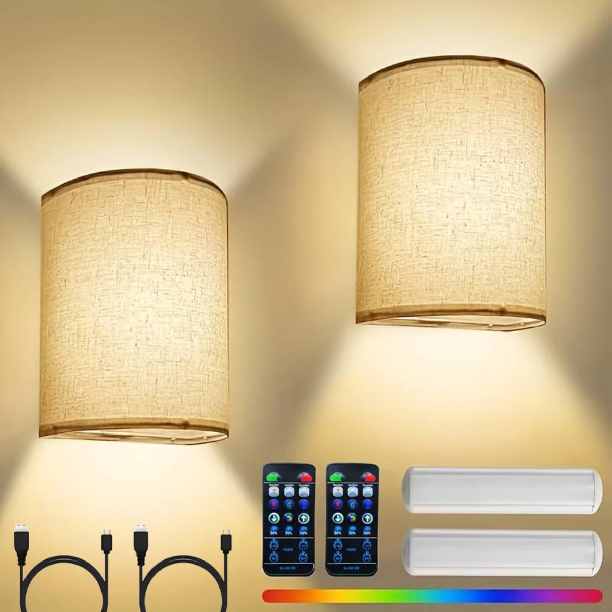 2X Oplaadbare Beige Wandlamp Binnen op Batterijen Draadloos - Krachtige Batterij - 2700K Warm licht - Wandlamp Oplaadbaar - Nieuwste versie 2024 - Trapverlichting - Japandi