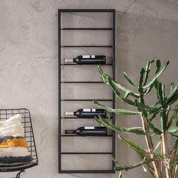 Eleganca Modern Hangend Wijnrek – L42 x B8 x H120 cm – Wijnmeubel – Ruimte voor 9 flessen – Metaal – Zwart