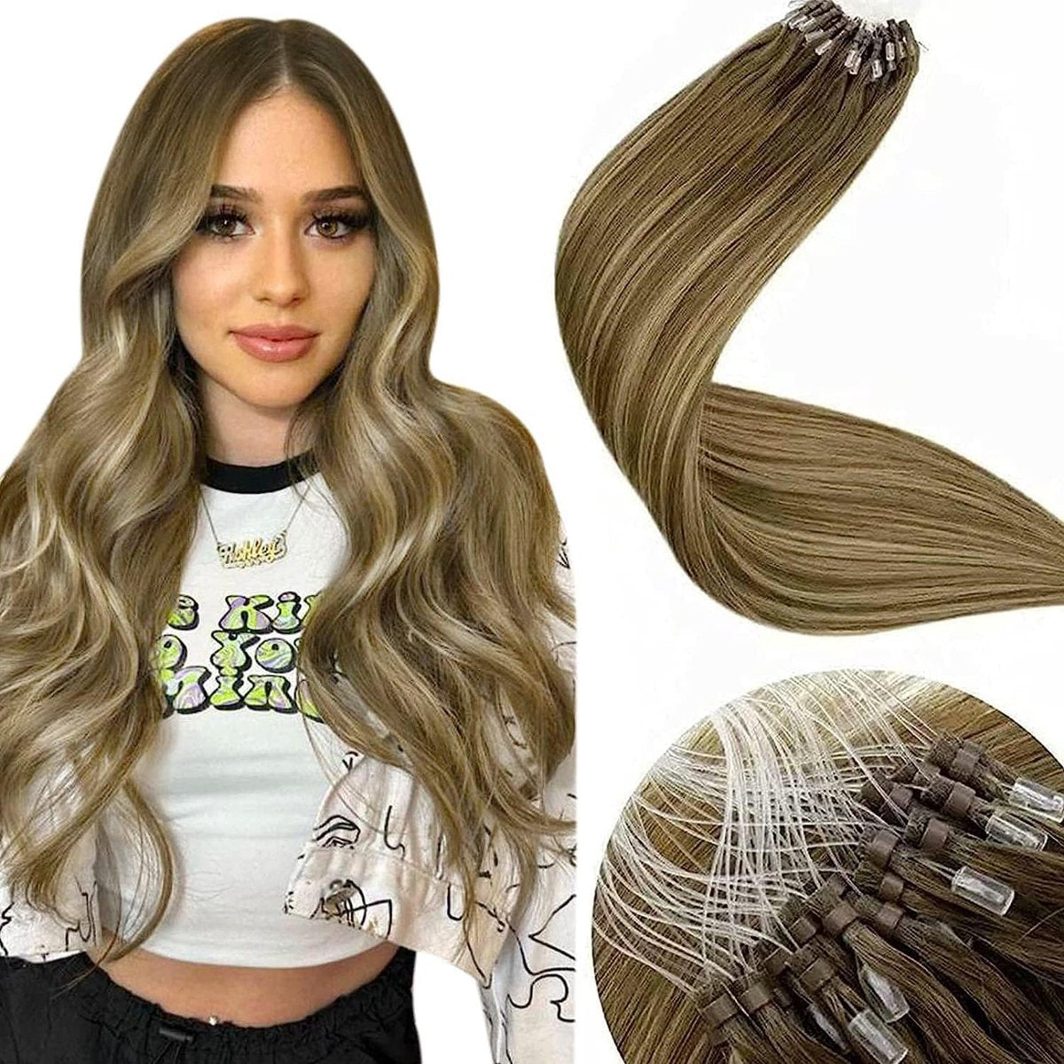 LaaVoo Micro Loop Hair Extensions 18"/45cm 50g/50s #8/16/8 Balayage Lichtbruin naar Goudblond met Lichtbruin Micro-ring Echt Haar Extensions Micro Rings Human Hair Extension