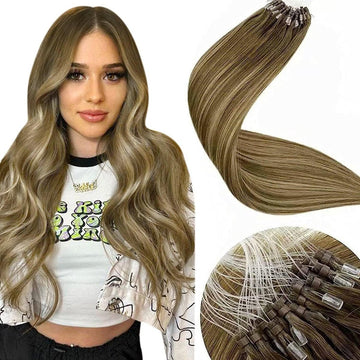 LaaVoo Micro Loop Hair Extensions 18"/45cm 50g/50s #8/16/8 Balayage Lichtbruin naar Goudblond met Lichtbruin Micro-ring Echt Haar Extensions Micro Rings Human Hair Extension