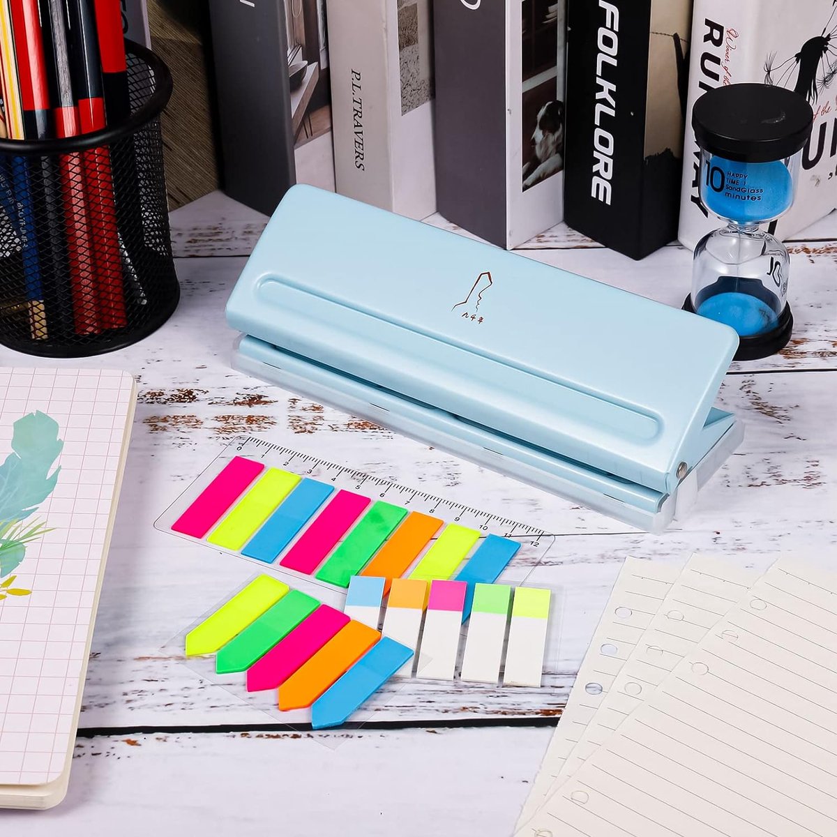 6-gaats punch binder puncher voor A4 / A5 / A6 / A7, verstelbare afstand perforator gemaakt van metaal binder perforator papier kaarten foto bindende perforator machine (blauw)