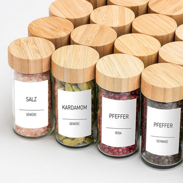 Ronde Kruidenpotjes [12 x 100 ml] 399 Kruidenlabels, Bamboe Deksel, Kruidencontainer met Houten Deksel en Veel Accessoires, Kruidenpotjes Set, Set van 24, Kruidenopslag, Kruidenorganizer
