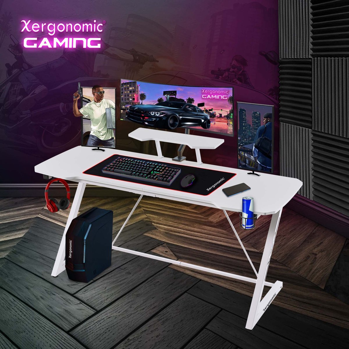 Xergonomic Morpheus Subzero Gaming bureau - Game Desk - Koptelefoonhouder, bekerhouder & monitorstandaard - Carbon Fiber Coated Toplaag - D58xB160xH74,5-92 cm - Wit