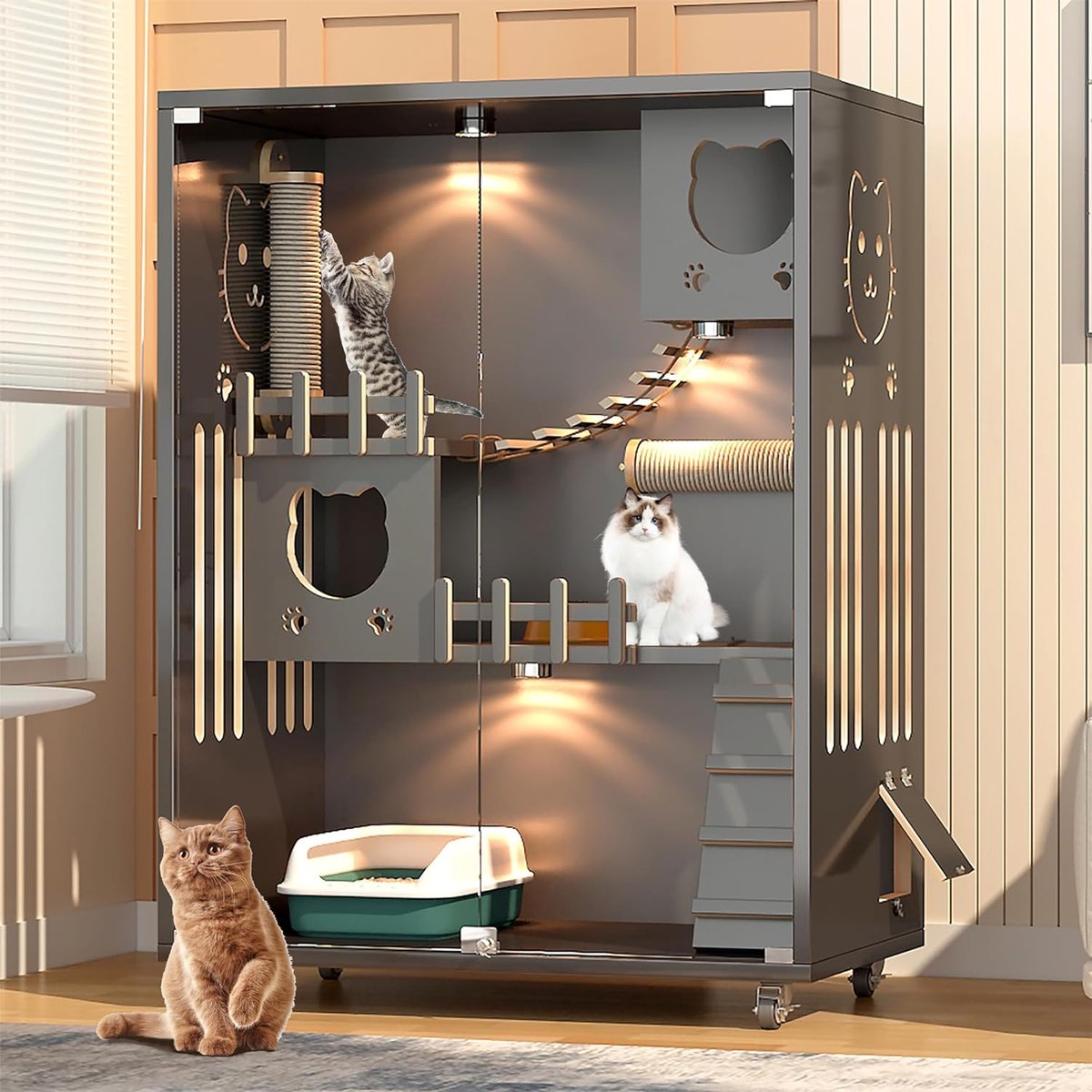 Groot kattenhuis van hout met wielen 90 x 60 x 125 cm - Kattenvilla met ledlamp - Winterbestendig kattenhuis - Kattenmand voor huisdieren