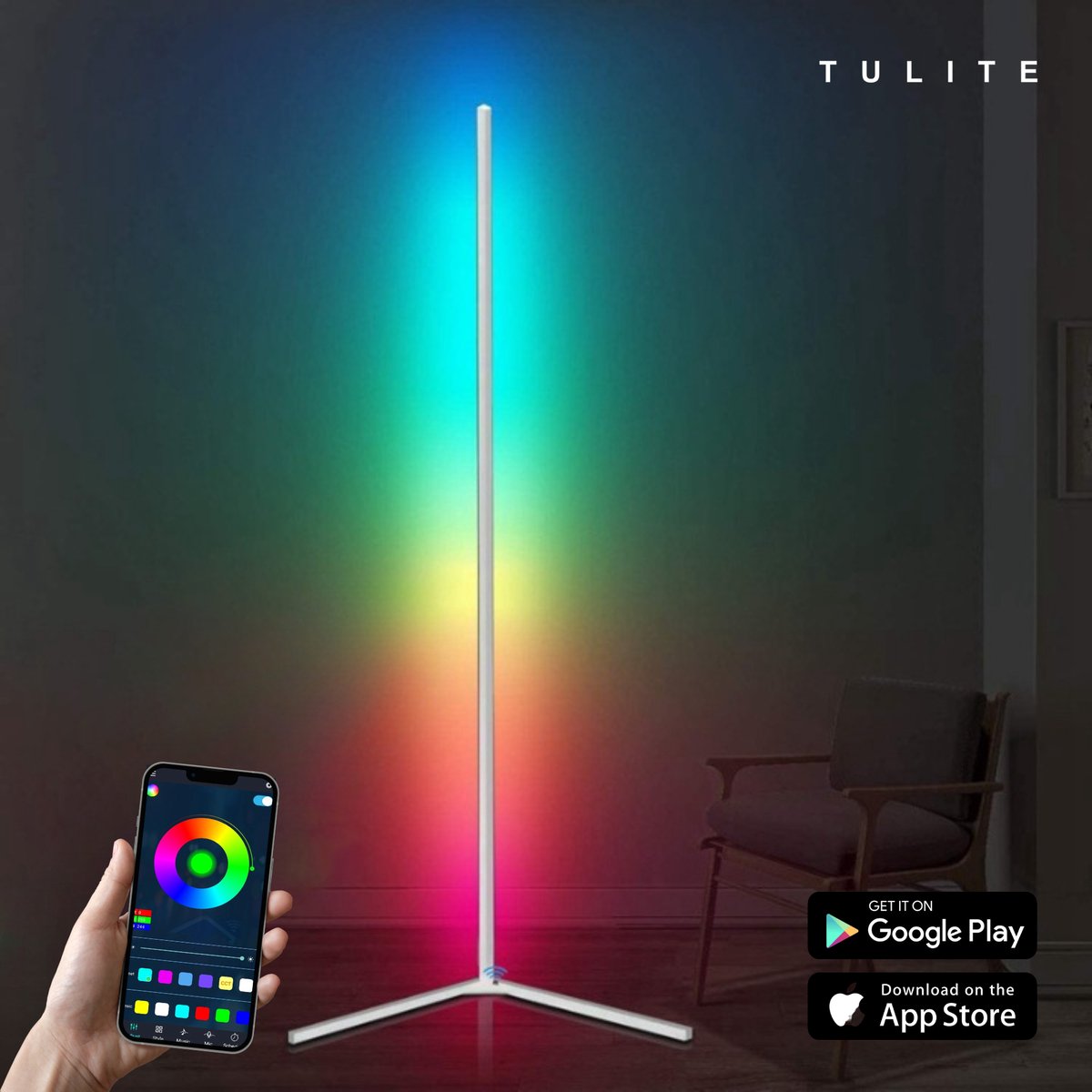 TULITE Moderne LED Vloerlamp RGB - App en afstandsbediening - Sfeerverlichting - Hoeklamp - Staanlamp - Led Verlichting Strip - Dimbaar - Voor Woonkamer - Kerstcadeau voor vrouwen/mannen - Wit