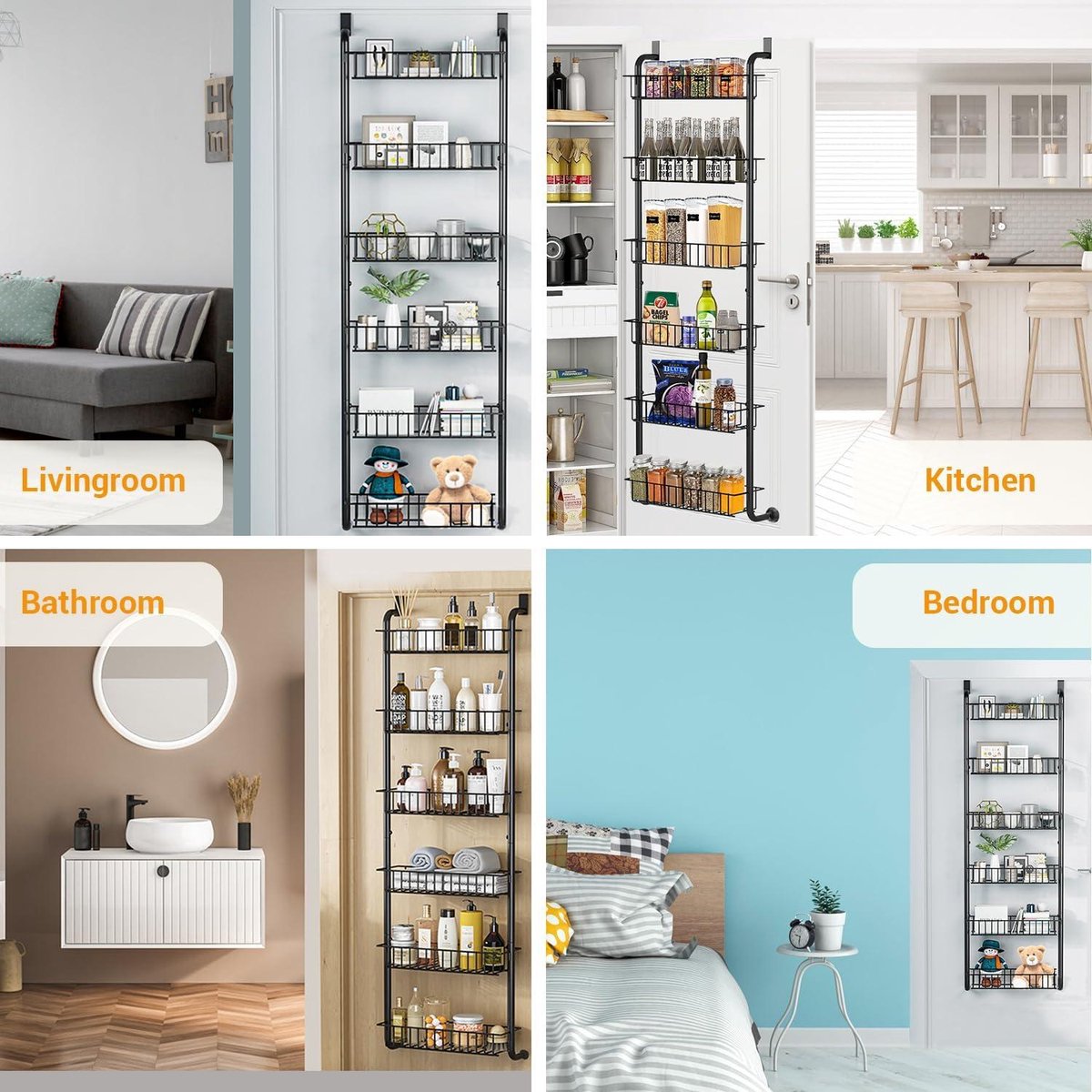 6-laags Over de Deur Voorraadkamer Opbergrek - Sterk Metaal - Hangend Kruidenrek - Wandmontage Opslag - Keuken Eetkamer Badkamer Slaapkamer - Zwart kruidenrek ophangbaar