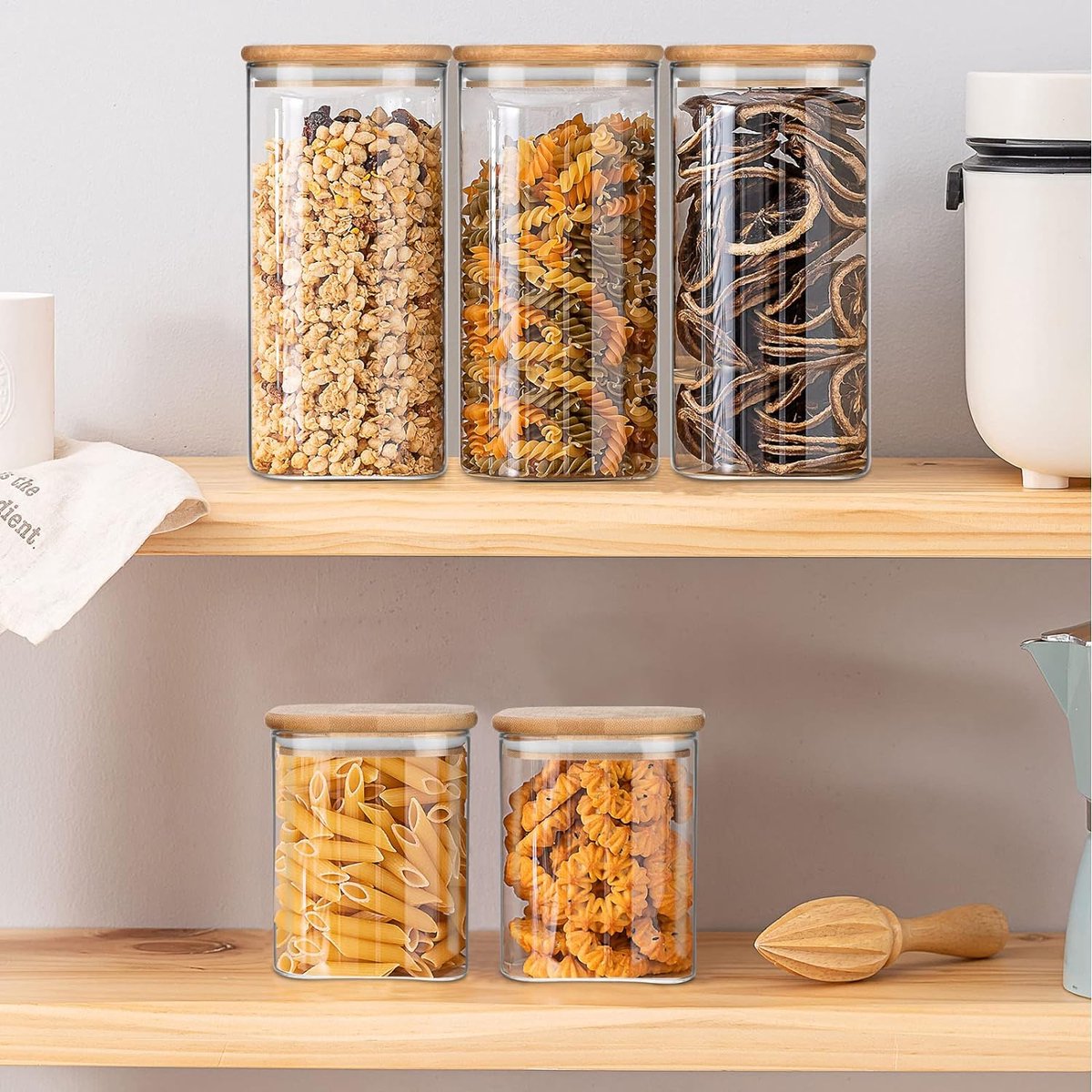 Glazen Potten met Deksels,Keuken Opslag Containers met Luchtdichte Bamboe Deksels Voor Het Bewaren Van Pasta Noedels Bonen Koffie Granen Rijst Koekjesmoer,Grote Capaciteit Transparant Glas opslag Potten 2 Pack 800ml