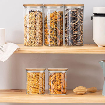 Glazen Potten met Deksels,Keuken Opslag Containers met Luchtdichte Bamboe Deksels Voor Het Bewaren Van Pasta Noedels Bonen Koffie Granen Rijst Koekjesmoer,Grote Capaciteit Transparant Glas opslag Potten 2 Pack 800ml