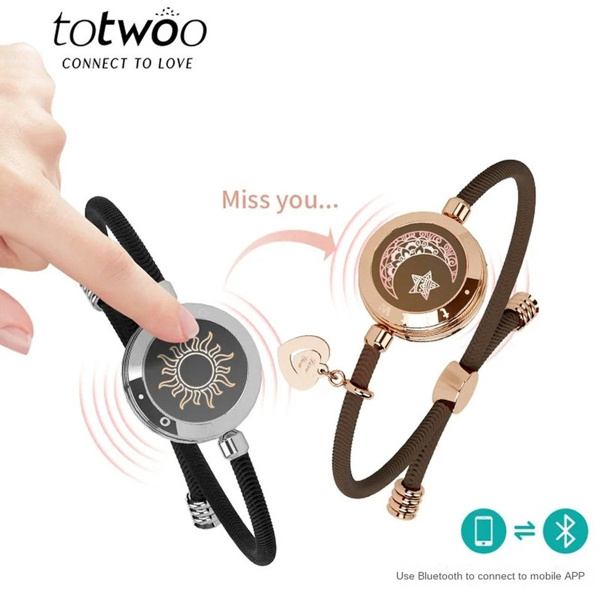 Twee Lange Afstand Touch Up En Tril Armbanden Voor Koppels, Lange Afstand Relatie Geschenken Slimme Zon & Maan Liefde Armband Valentijn Liefde Relatie Trouw Gadgets Met Prachtige Cadeau Box Doos Goud + Zwarte Armband