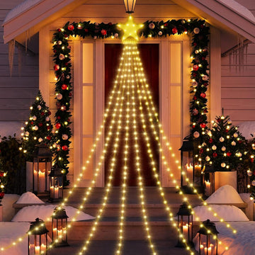 Kerstverlichting Buiten- Kerstboomlichtketting 298 leds sterren sprei lichtpiramide 8 modi geheugenfunctie timer IP65 waterdicht (warm)