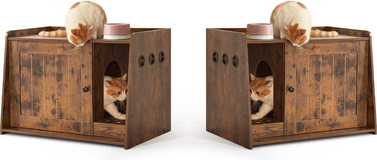 Kattenbak Kast - Kattenhuis - Kattenmand - Halmeubel – Dierenhuis - Nachtkastje - Kattenkast -Dressoir – Kattenhok - Bijzetkastje - Krabpaal - Katten Mand – Vintage Bruin
