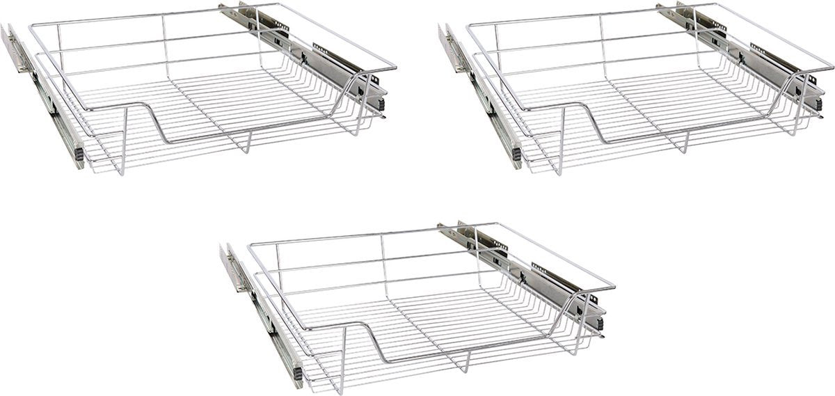 Eleganca draadmand met zijgeleider en Soft Closing - Schuiflade keukenkast – B41.5 cm, H14 cm & D44.5 cm – Uitschuifbaar keukenrek - Geschikt voor kast met frontbreedte van 50cm – Inbouwlade – Maximale belastbaarheid 20kg – RVS – Zilver - 3 Stuks