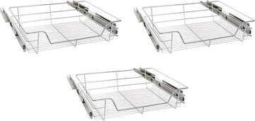 Eleganca draadmand met zijgeleider en Soft Closing - Schuiflade keukenkast – B41.5 cm, H14 cm & D44.5 cm – Uitschuifbaar keukenrek - Geschikt voor kast met frontbreedte van 50cm – Inbouwlade – Maximale belastbaarheid 20kg – RVS – Zilver - 3 Stuks