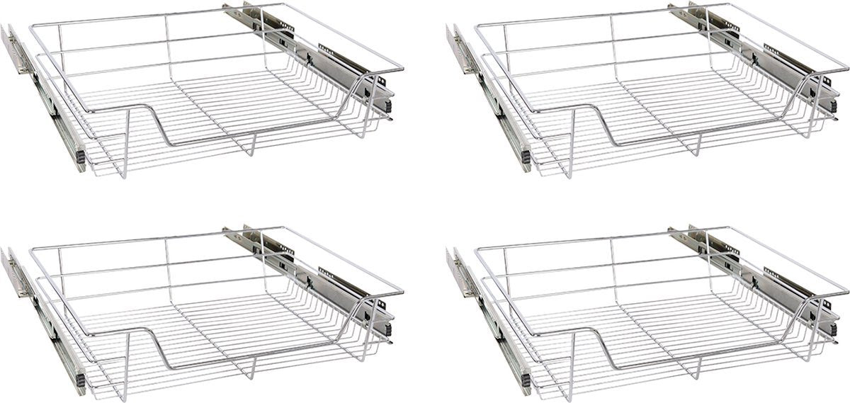 Eleganca draadmand met zijgeleider en Soft Closing - Keukenkast schuiflade – B41.5 cm, H14 cm & D44.5 cm – Uitschuifbaar keukenrek - Geschikt voor kast met frontbreedte van 50cm – Inbouwlade – Maximale belastbaarheid 20kg – RVS – Zilver - 4 Stuks