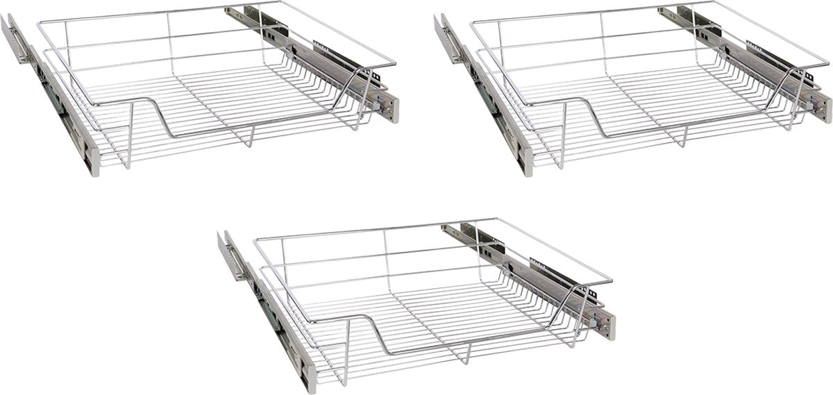 Eleganca draadmand met zijgeleider en Soft Closing - Keukenkast schuiflade – B51.5 x H14x D44.5 cm – Uitschuifbaar keukenrek – Inbouwlade – Maximale belastbaarheid 20kg – RVS – Zilver - 3 Stuks