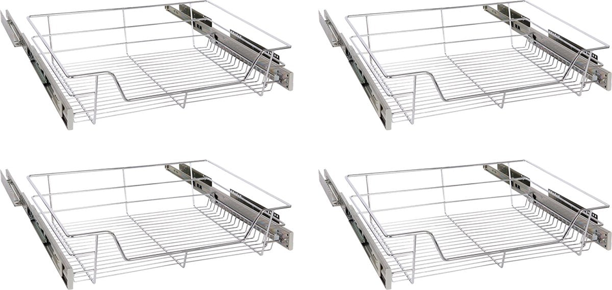 Eleganca draadmand met zijgeleider en Soft Closing - Keukenkast schuiflade – B51.5 x H14x D44.5 cm – Uitschuifbaar keukenrek – Inbouwlade – Maximale belastbaarheid 20kg – RVS – Zilver - 4 Stuks