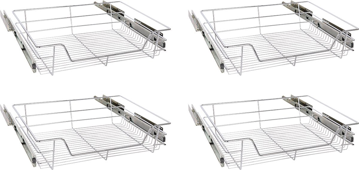 Eleganca draadmand met zijgeleider - Keukenkast schuiflade – B 51.5 x H14 x D 44.5 cm – Uitschuifbaar keukenrek – Inbouwlade – Maximale belastbaarheid 20 kg – RVS – Zilver – 4 Stuks