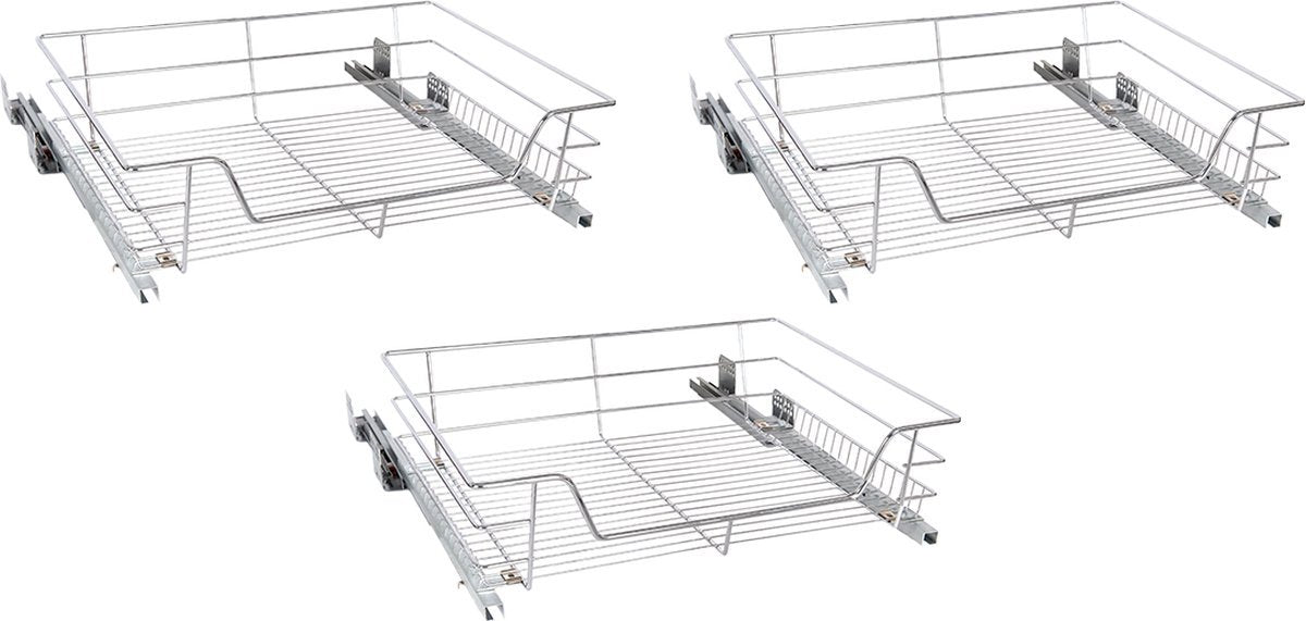 Eleganca draadmand met Ondergeleider en Soft Closing - Keukenkast schuiflade - Uitschuifbaar keukenrek - Geschikt voor kastjes met frontbreedte van 50 cm - Inbouwlade - Maximale draagkracht 20 kg- B41.5 cm, H14 cm & D44.5 cm - RVS - Zilver - 3 Stuks