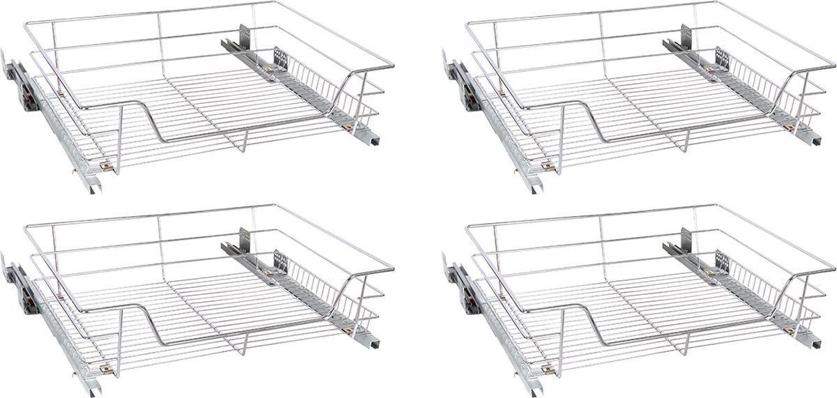 Eleganca draadmand met Ondergeleider en Soft Closing - Keukenkast schuiflade - B41.5 cm, H14 cm & D44.5 cm - Uitschuifbaar keukenrek - Geschikt voor kastjes met frontbreedte van 50 cm - Inbouwlade - Maximale draagkracht 20 kg- RVS - Zilver - 4 Stuks