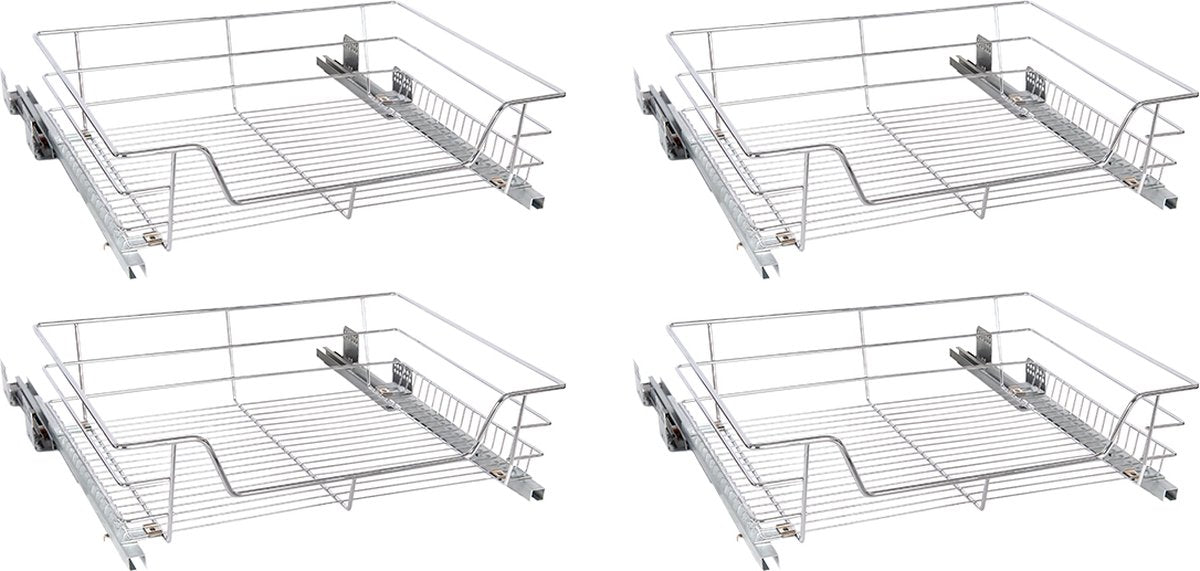 Eleganca draadmand met Ondergeleider en Soft Closing – Keukenkast schuiflade – B 51.5 x H 14 x D 44.5 cm – Uitschuifbaar keukenrek – Inbouwlade – Maximale belastbaarheid 20 kg – RVS – Zilver – 4 Stuks
