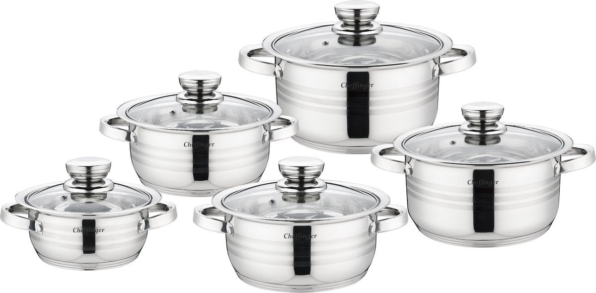 Cheffinger Kookpannen - Pannenset inductie 10-delig - Glazen Deksel - RVS