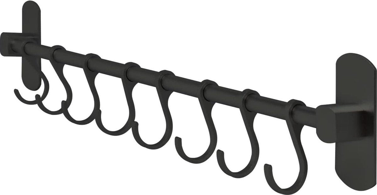 Zelfklevende keukengereihouder zwart - 40 cm - 8 haken - organizer voor keuken, badkamer & garage keukenstang