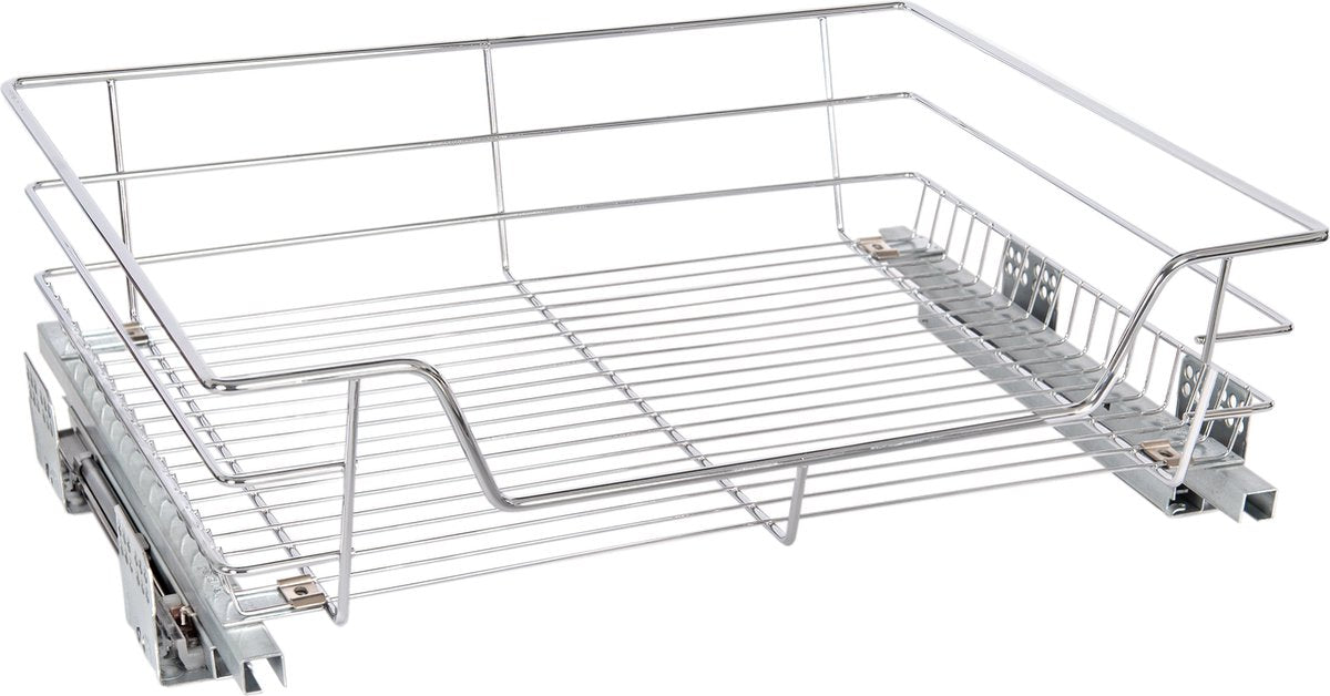Eleganca draadmand met Ondergeleider en Soft Closing – B 51.5 x H 14 x D 44.5 cm – Schuiflade keukenkast – Uitschuifbaar keukenrek – Inbouwlade – Maximale belastbaarheid 20 kg – RVS – Zilver