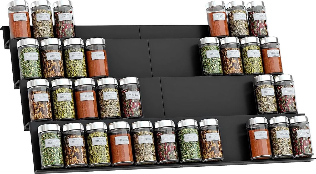Lade, set van 8 kruidenorganizerlade van 30,4 cm tot 60,8 cm, uitschuifbaar, kruideninzetlade voor keukenkast, 4 niveaus, zonder kruidenpot