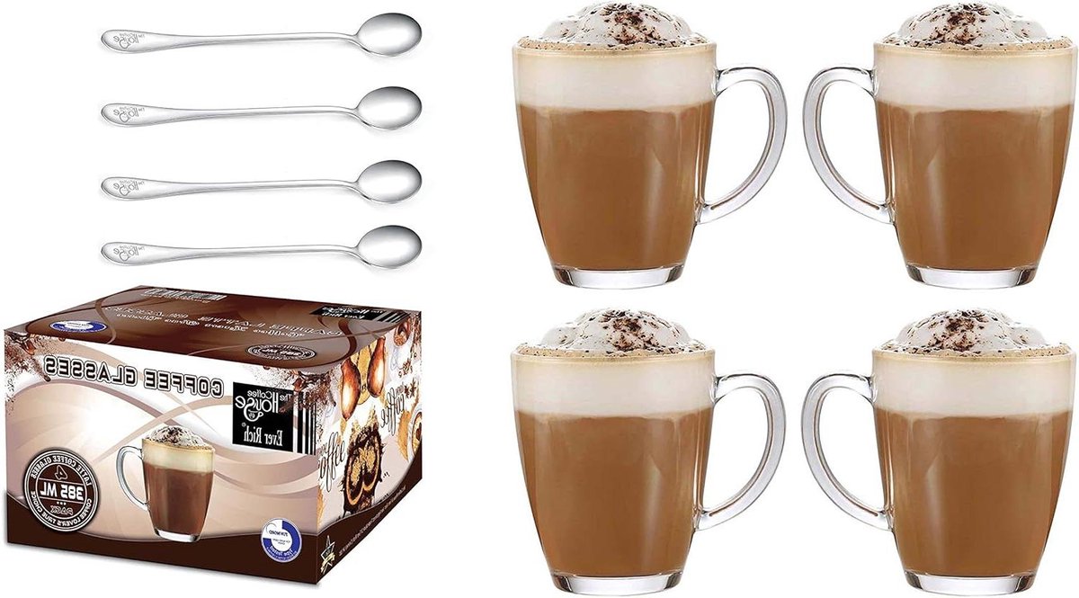 Latte Glazen Thee Koffie Cup Mokken - Past bij Tassimo & Dolce Gusto - Set van 4 (385ml) met Lepels Cappuchino glazen