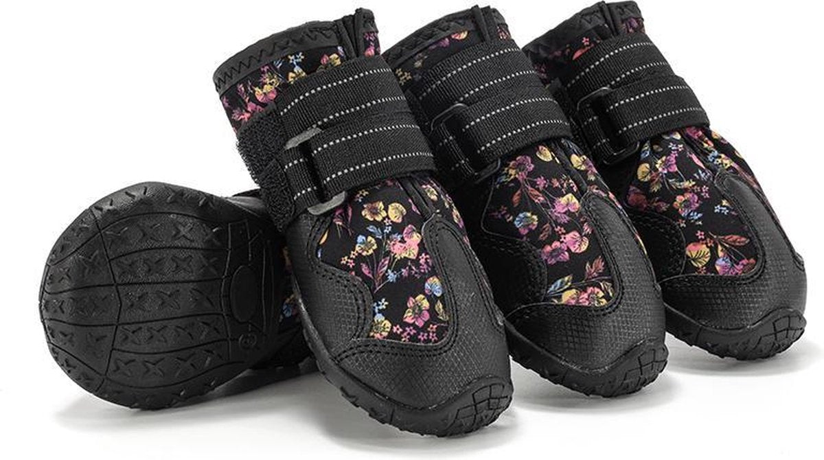 Hondenschoenen - Pootbescherming - Antislip en Waterbestendig - Maat #2/XS - 4 stuks - Zwart/Bloemen