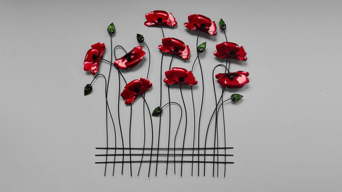 Tuindecoratie - wanddecoratie - muurdecoratie - metaal - bloemen - klaprozen - rood - groen - zwart - 60 x 56 cm