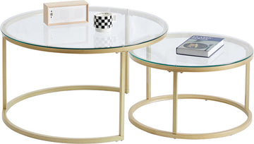 Moderne Salontafels - Set van 2 - Koffietafel - Bijzettafel - 2 Stuks - Ronde Salontafels - Gehard Glas - Goud - 80 en 60cm