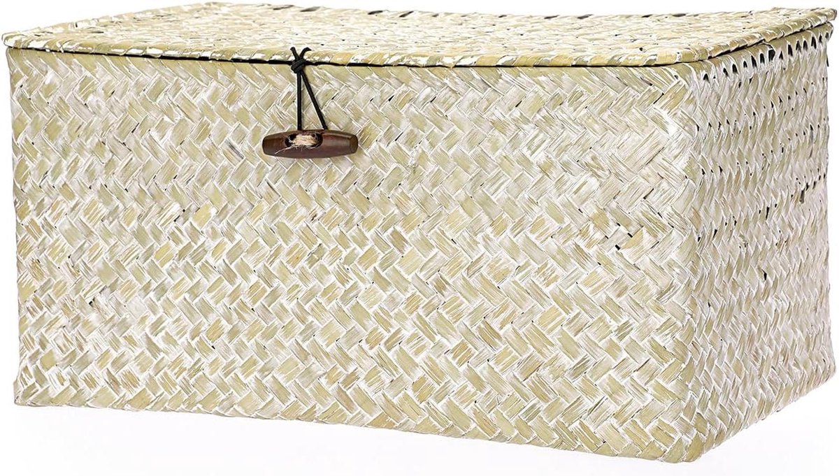 Rieten mand met deksel sweet living - Opbergmand Zeegras - Geweven rieten bureaumand - Rechthoekige opbergmand voor badkamer en woonkamer - Decoratieve onder plank mand - Multifunctionele opbergmand - Whitewash M Rieten mand met deksel sweet living