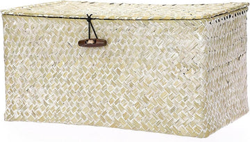 Rieten mand met deksel sweet living - Opbergmand Zeegras - Geweven rieten bureaumand - Rechthoekige opbergmand voor badkamer en woonkamer - Decoratieve onder plank mand - Multifunctionele opbergmand - Whitewash M Rieten mand met deksel sweet living