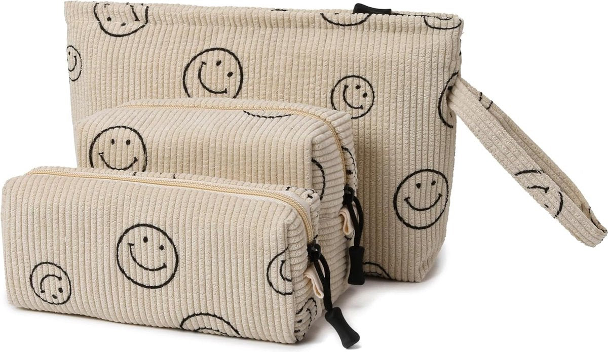 Tijdloze Corduroy Cosmetica Tas Set voor Vrouwen, Meisjes en Reizen, Beige