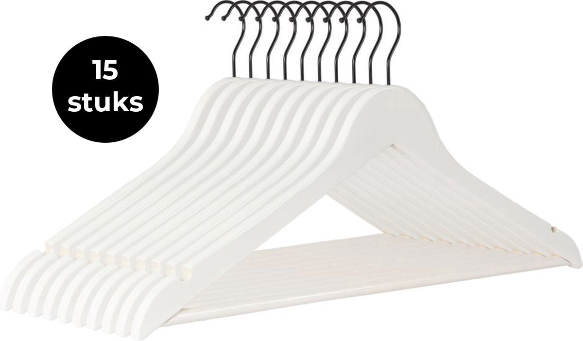 Eleganca luxe kleerhangers - Kledinghanger - 15 stuks - Behandeld hout - 45x22 x1cm - Multifunctionele kledinghanger - Gelakt - Met zwarte haak - Wit