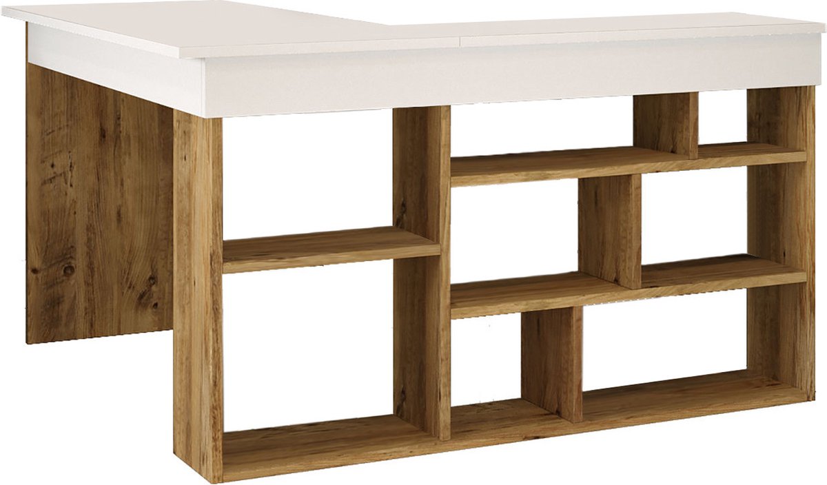 Hoekbureau met opbergruimte - Wit en naturel - LILEUL L 129 cm x H 72 cm x D 120 cm