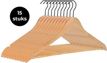 Eleganca luxe kleerhangers - Kledinghanger - 15 stuks - Behandeld hout - 45x22 x1cm - Multifunctionele kledinghanger - Gelakt - Met zwarte haak - Hout kleur