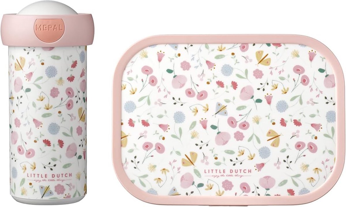 Lunchset Campus (schoolbeker en lunchbox) Little Dutch - Flowers & butterflies.