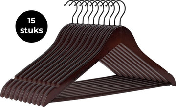 Eleganca luxe kleerhangers - Kledinghanger - 15 stuks - Behandeld hout - 45x22 x1cm - Multifunctionele kledinghanger - Gelakt - Met zwarte haak - Donker massief hout