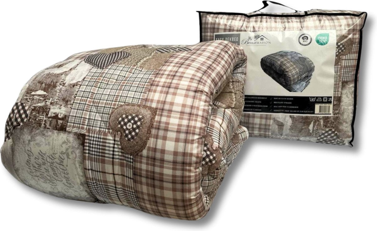 Bedrukt Dekbed Geruit Beige Taupe 240 x 220 cm - Hoesloos/Wasbaar/Zonder Overtrek